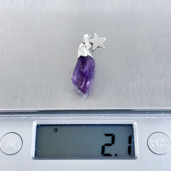 Vintage Silver-Tone Star Charm Amethyst Raw Crystal Pendant - Picture 5 of 6